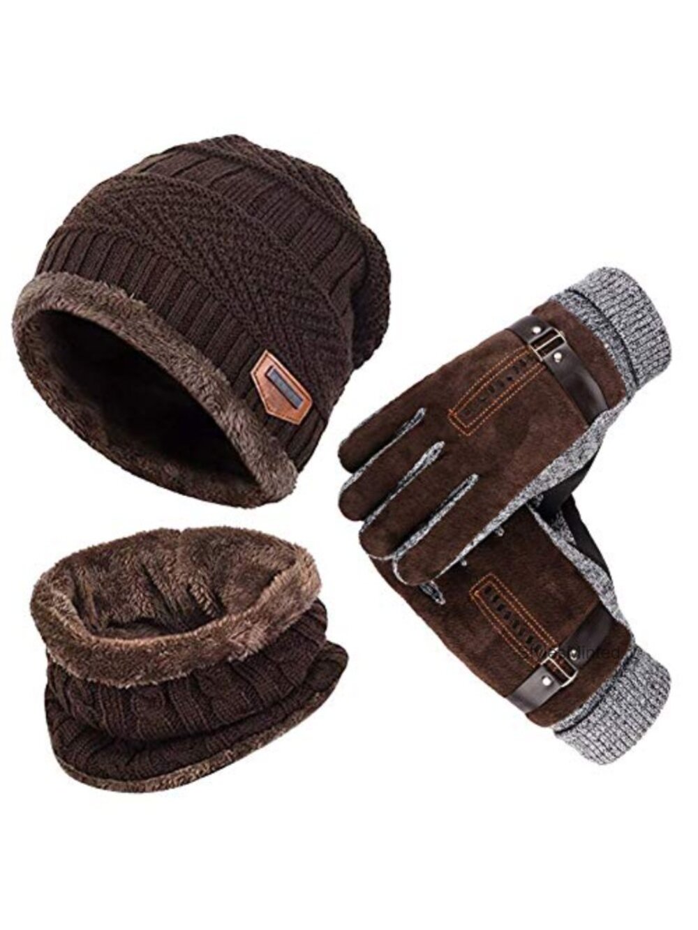 3-in-1 Winter Beanie Hat Scarf Gloves Set Acrylic Knit Fleece Lined Touch Screen